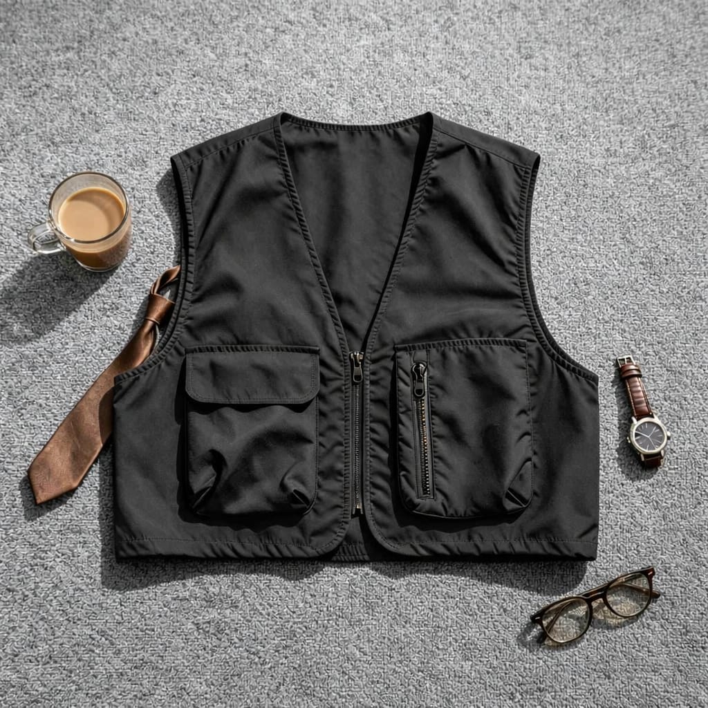 Rompi Kargo Utility Minimalis — Saku Asimetris — Hitam