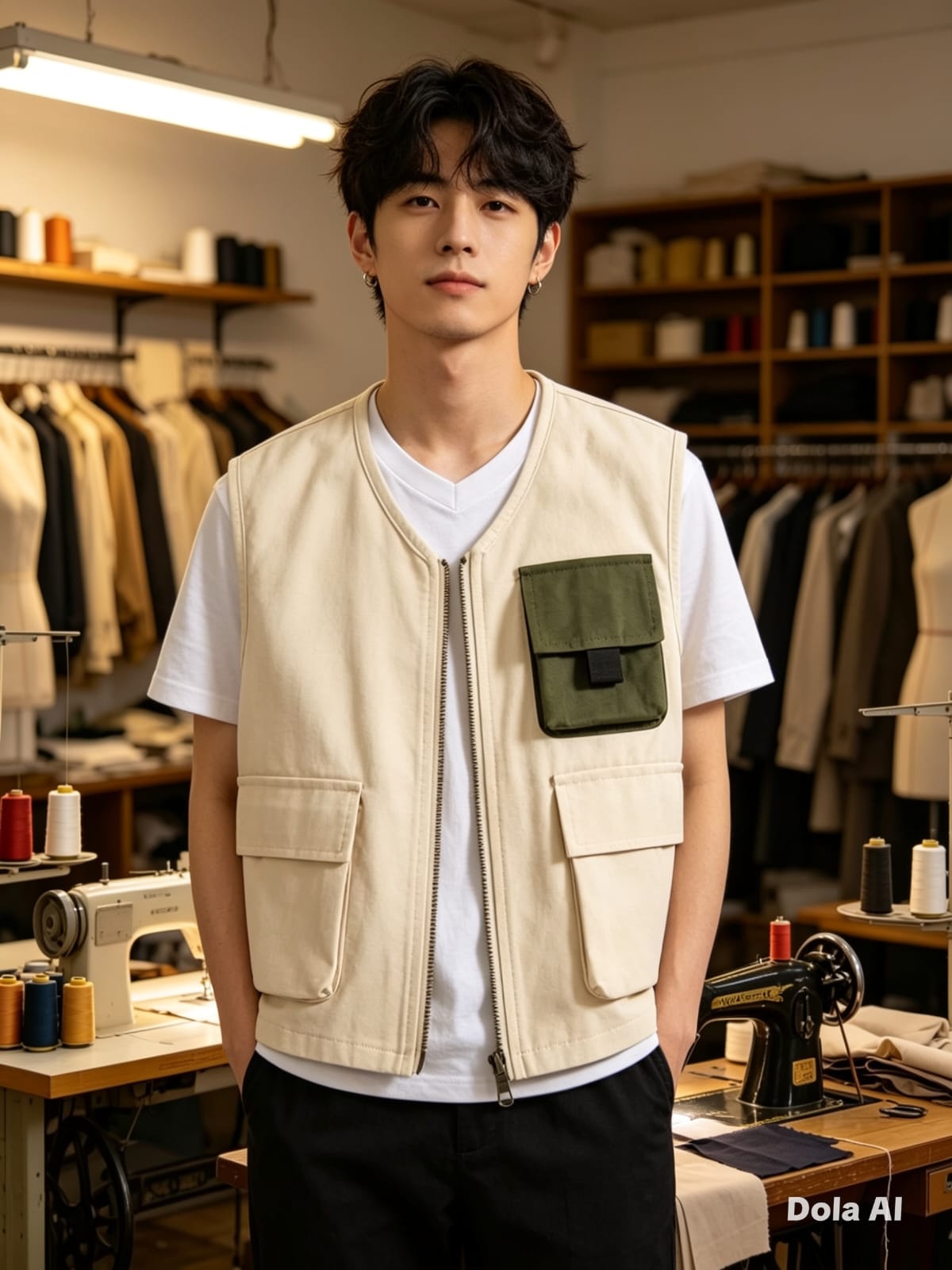 Rompi Kargo Utility Oversize (Jumbo) — Saku Asimetris — Cream